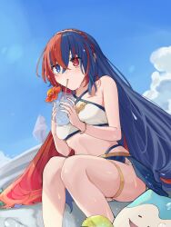 Rule 34 | 1girl, alear (female) (fire emblem), alear (fire emblem), bikini, blue eyes, blue hair, blue sky, bracelet, commentary request, crossed bangs, cup, drink, drinking glass, drinking straw, drinking straw in mouth, fire emblem, fire emblem engage, hair between eyes, highres, holding, holding drink, jewelry, long hair, looking at viewer, multicolored hair, nintendo, official alternate costume, red eyes, red hair, sakura no yoru, sky, sommie (fire emblem), swimsuit, two-tone hair, very long hair, wet, white bikini