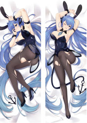 Rule 34 | 1girl, ;o, absurdly long hair, anchor, animal ears, armpits, arms up, ass, azur lane, bare shoulders, black leotard, blue eyes, blue hair, blue necktie, blush, breasts, cleavage, commentary, covered navel, dakimakura (medium), detached collar, fake animal ears, full body, hand up, high heels, knee up, large breasts, legs, leotard, long hair, looking at viewer, lying, moeanime, necktie, new jersey (azur lane), new jersey (exhilarating steps!) (azur lane), on side, one eye closed, pantyhose, playboy bunny, rabbit ears, sideboob, skin tight, smile, solo, tail, thighs, torn clothes, torn pantyhose, v, very long hair, wrist cuffs