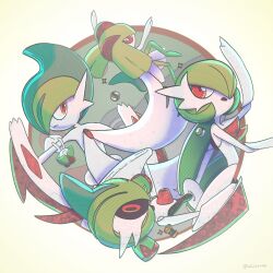 Rule 34 | arm blade, colored skin, creatures (company), evolutionary line, gallade, game freak, gardevoir, gen 3 pokemon, gen 4 pokemon, green hair, green skin, hafwitsmash, hair over one eye, highres, iron valiant, kirlia, looking at viewer, mega gallade, mega gardevoir, mega pokemon, multicolored skin, nintendo, open mouth, pokemon, pokemon (creature), ralts, simple background, two-tone skin, weapon, white skin