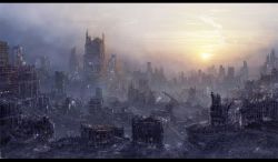 Rule 34 | city, cityscape, daniel kvasznicza, fog, landscape, letterboxed, lights, no humans, original, post-apocalypse, ruins, scenery, smoke, sunrise, wallpaper