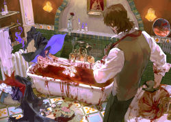 Rule 34 | 1boy, 1girl, bath, bathing, bathroom, black bra, black gloves, black headwear, blood, blood on arm, blood on breasts, blood on clothes, blood on face, blood on hands, blood on leg, blood splatter, bra, unworn bra, brown hair, burning, candle, completely nude, english text, fire, fire, flower, framed, gloves, gundam, hat, heater, huangdanlan, indoors, large hat, leaning, looking at another, mirror, nude, original, picture frame, purple fire, purple hair, red flower, red neckwear, red rose, reflection, rose, short hair, sink, sitting, sleeves rolled up, tieria erde, tile wall, tiles, torn, torn clothes, towel, underwear, witch, witch hat