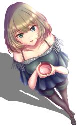 Rule 34 | 1girl, :d, alcohol, black footwear, blue eyes, brown hair, collarbone, cup, from above, green eyes, green shirt, green shorts, hetero, highres, holding, holding cup, idolmaster, idolmaster cinderella girls, pantyhose under shorts, looking at viewer, medium hair, mole, mole under eye, nyome991, off-shoulder shirt, off shoulder, open mouth, pantyhose, sake, shadow, shirt, short sleeves, shorts, simple background, smile, takagaki kaede, white background