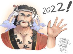 Rule 34 | 1boy, bara, black hair, closed eyes, daikoku (housamo), halo, halo behind head, highres, male focus, mature male, muscular, muscular male, new year, pectorals, riner (rinerr r), smile, solo, tokyo houkago summoners, white hair