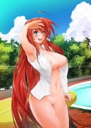 Rule 34 | 10s, 1girl, absurdres, ahoge, areola slip, armpits, blue eyes, blush, bottomless, breasts, cleft of venus, cloud, curvy, high school dxd, highres, large breasts, long hair, naked shirt, navel, nipple slip, nipples, no bra, open clothes, open mouth, outdoors, pointy breasts, pool, puffy nipples, pussy, red hair, rias gremory, shirt, sky, smile, solo, standing, stormcow, tongue, uncensored, very long hair