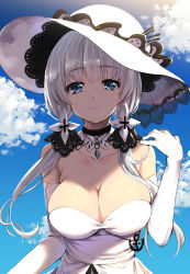 Rule 34 | 1girl, akanagi youto, anchor symbol, armlet, azur lane, bare shoulders, blue eyes, blue gemstone, blue sky, blush, breasts, choker, cleavage, closed mouth, cloud, collarbone, day, dress, elbow gloves, gem, gloves, hair ornament, hair ribbon, hand up, hat, highres, illustrious (azur lane), jewelry, lace-trimmed hat, lace trim, large breasts, long hair, looking at viewer, low twintails, mole, mole under eye, outdoors, pendant, ribbon, shaded face, sidelocks, sky, smile, solo, strapless, strapless dress, sun hat, tress ribbon, twintails, upper body, white dress, white gloves, white hair, white hat