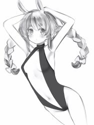 Rule 34 | 1girl, absurdres, alternate costume, animal ears, armpits, arms behind head, arms up, bare arms, bare legs, blush, bow, braid, breasts, greyscale, hair between eyes, hair bow, highres, hololive, long hair, looking at viewer, monochrome, multicolored hair, nanashi (nlo), navel, one-piece swimsuit, rabbit-shaped pupils, rabbit ears, simple background, small breasts, solo, swimsuit, symbol-shaped pupils, thick eyebrows, twin braids, two-tone hair, usada pekora, virtual youtuber
