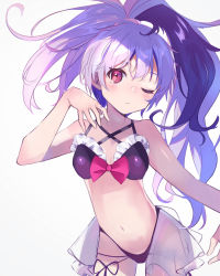 Rule 34 | 1girl, absurdres, bikini, bikini top only, blush, bow, bowtie, collarbone, commentary, contrapposto, cowboy shot, expressionless, flower (vocaloid), flower (vocaloid3), frilled bikini, frilled bikini top, frills, hand up, highres, long hair, looking at viewer, multicolored hair, navel, note55885, one eye closed, pink bow, ponytail, purple hair, see-through, solo, streaked hair, swimsuit, vocaloid, white hair