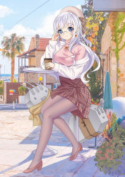 Rule 34 | 1girl, azur lane, blue eyes, breasts, brick wall, cannon, casual, commentary request, contemporary, cup, disposable coffee cup, disposable cup, earrings, edinburgh (azur lane), glasses, hat, head tilt, highres, house, hoxi, jewelry, leaf, long hair, looking at viewer, maple leaf, medium breasts, necklace, off-shoulder shirt, off shoulder, palm tree, pantyhose, pink hair, pink shirt, plaid, plaid skirt, purple footwear, purple pantyhose, round eyewear, shirt, silver hair, sitting, skirt, smile, solo, stool, table, tree, turret, turtleneck, undershirt, white shirt