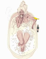 Rule 34 | 1girl, absurdres, animal on arm, arm rest, bath, bathing, bathtub, bird, bird on arm, bottle, breasts, cross scar, cup, dark-skinned female, dark skin, dizi930, drink, eyelashes, facial mark, forever 7th capital, from above, genderswap, genderswap (mtf), hand up, highres, holding, holding cup, knees up, large breasts, leaning back, long hair, nude, parted bangs, partially submerged, petals, ponytail, rahulk (forever 7th capital), scar, scar on arm, scar on breasts, scar on chest, scar on face, scar on leg, scar on nose, simple background, sitting, solo, steam, very long hair, water, whisker markings, white background, white hair, yellow eyes
