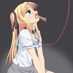 Rule 34 | 1girl, bad id, bad pixiv id, bdsm, blonde hair, clothes pin, collar, drooling, from side, green eyes, hair ribbon, leash, looking up, open mouth, original, ribbon, saliva, school uniform, serafuku, shino (pixia), slave, solo, tears, tongue, tongue out, twintails