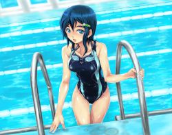 Rule 34 | 00s, 1girl, blue eyes, blue hair, collarbone, competition swimsuit, covered navel, eyebrows, goggles, goggles around neck, hair ornament, hairclip, highres, idolmaster, idolmaster dearly stars, looking at viewer, matching hair/eyes, md5 mismatch, mizutani eri, one-piece swimsuit, open mouth, pool, pool ladder, poolside, shiny clothes, shiny skin, short hair, skin tight, solo, swimsuit, tachi hirushi, water, wet, wet clothes, wet swimsuit