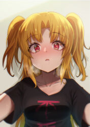 Rule 34 | 1girl, akatsuki uni, ankoku kishi m, black shirt, blonde hair, blush, breasts, breath, clothes writing, collarbone, drooling, highres, long hair, looking at viewer, nose blush, parted bangs, parted lips, pov, raised eyebrows, red eyes, saliva, shirt, short sleeves, small breasts, solo, sweat, t-shirt, two side up, uni create, upper body, virtual youtuber, white background, wide-eyed