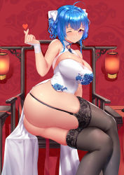Rule 34 | 1girl, :q, ;), absurdres, arm at side, arm support, azur lane, bare arms, bare shoulders, black thighhighs, blue hair, blue ribbon, blush, bow, braid, breasts, bridal gauntlets, china dress, chinese clothes, chitu hefeng zhong, cleavage, cleavage cutout, closed mouth, clothing cutout, collarbone, commentary request, dress, fingernails, garter straps, hair between eyes, hair bow, hair ornament, hair ribbon, half-closed eye, highres, large breasts, long hair, looking at viewer, nail polish, no panties, one eye closed, pelvic curtain, pink nails, purple eyes, ribbon, shiny skin, sitting, skindentation, sleeveless, sleeveless dress, smile, solo, st. louis (azur lane), st. louis (blue and white pottery) (azur lane), thighhighs, thighs, tongue, tongue out, tress ribbon, twin braids, two side up, white bow, white dress, white ribbon