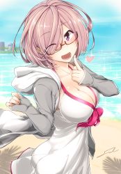 Rule 34 | 1girl, beach, black-framed eyewear, blush, bow, bow swimsuit, breasts, brilliant summer, caustics, cleavage, cowboy shot, day, dress swimsuit, eyes visible through hair, fate/grand order, fate (series), from side, fue (rhomphair), glasses, hair over one eye, halterneck, head tilt, heart, highres, large breasts, light purple hair, looking at viewer, mash kyrielight, mash kyrielight (swimsuit of perpetual summer), ocean, official alternate costume, one-piece swimsuit, one eye closed, outdoors, palm tree, pink bow, purple eyes, short hair, smile, solo, sparkle, spoken heart, standing, swept bangs, swimsuit, swimsuit under clothes, tree, white one-piece swimsuit