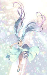 Rule 34 | 1girl, absurdly long hair, absurdres, aqua hair, bare shoulders, breasts, cleavage, dress, floating hair, gradient hair, hatsune miku, high heels, highres, large breasts, long hair, long legs, looking at viewer, microphone, multicolored hair, outstretched arm, parted lips, pink hair, smile, solo, standing, strapless, strapless dress, thigh strap, twintails, very long hair, vocaloid, yato0401, yellow eyes