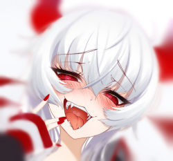 Rule 34 | 1girl, :3, blurry, blush, bombergirl, cluseller, cropped, demon girl, fangs, female focus, grim aloe, half-closed eyes, hand up, happy, head tilt, heart, heart in mouth, horns, long hair, looking at viewer, nail polish, nose blush, open mouth, portrait, red eyes, red nails, sidelocks, simple background, smile, solo, straight-on, teeth, tongue, white background, white hair