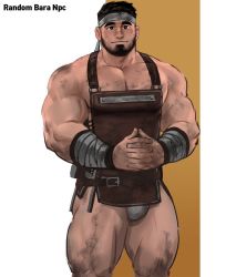 Rule 34 | 1boy, apron, bara, bare shoulders, beard, brown apron, bulge, dirty, dirty clothes, dirty face, dopey (dopq), facial hair, feet out of frame, fidgeting, headband, highres, large pectorals, male focus, male underwear, mature male, muscular, muscular male, original, own hands together, pectoral cleavage, pectorals, revealing clothes, short hair, sidepec, smile, solo, thick eyebrows, thick thighs, thighs, underwear, white male underwear