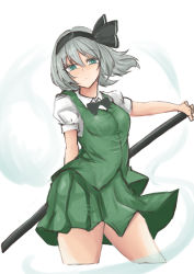 Rule 34 | 1girl, absurdres, arm up, black bow, black bowtie, black hairband, black ribbon, blouse, bow, bowtie, breasts, closed mouth, collared shirt, commentary request, eyes visible through hair, ghost, green eyes, green skirt, green vest, grey hair, hair between eyes, hairband, hand up, highres, hitodama, katana, konpaku youmu, konpaku youmu (ghost), kuraki, looking at viewer, medium breasts, puffy short sleeves, puffy sleeves, ribbon, shirt, short hair, short sleeves, simple background, skirt, solo, standing, sword, touhou, vest, weapon, white background, white shirt
