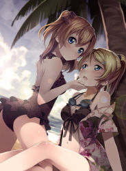 Rule 34 | 10s, 2girls, absurdres, ayase eli, bikini, blonde hair, blue eyes, breasts, cleavage, coconut tree, couple, dutch angle, frills, grabbing another&#039;s chin, hair ornament, hair ribbon, hairclip, hand on another&#039;s chin, highres, kneeling, kosaka honoka, lens flare, love live!, love live! school idol project, medium breasts, multiple girls, one-piece swimsuit, orange hair, palm tree, ponytail, revision, ribbon, sanka!, side ponytail, sitting, swimsuit, tree, yuri