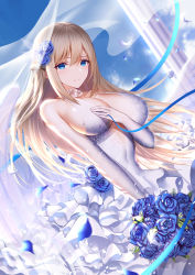 Rule 34 | 1girl, absurdres, an yasuri, blonde hair, blue eyes, blue flower, blue rose, bouquet, breasts, bridal gauntlets, bridal veil, cleavage, closed mouth, commentary request, dress, dutch angle, feathers, flower, frilled dress, frills, hair flower, hair ornament, hair ribbon, highres, holding, holding bouquet, jewelry, large breasts, lexington (warship girls r), looking at viewer, petals, ribbon, ring, rose, smile, veil, warship girls r, wedding dress, wedding ring, white dress, white flower, white rose