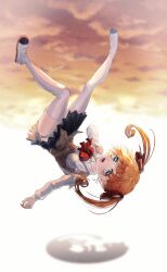 Rule 34 | 1girl, black skirt, blush, cloud, collared shirt, commentary request, different shadow, falling, full body, green eyes, grey panties, hair ribbon, highres, looking at viewer, medium hair, neck ribbon, open mouth, orange hair, panties, pleated skirt, red ribbon, ribbon, sayonara wo oshiete, shirt, shoes, skirt, sky, smile, solo, tamachi mahiru, thighhighs, twilight, twintails, underbust, underwear, upside-down, uwabaki, vest, white shirt, white thighhighs, zonsters