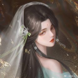 Rule 34 | 1girl, artist request, baiguio (zhu xian), bare shoulders, brown hair, closed mouth, earrings, expressionless, facial mark, forehead mark, from behind, hair ornament, jewelry, long hair, looking at viewer, looking back, portrait, second-party source, solo, white veil, zhu xian