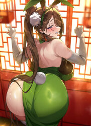 Rule 34 | 1girl, absurdres, animal ears, ass, bare shoulders, blush, breasts, brown hair, bun cover, bunnystein fantasy, commentary request, dress, elbow gloves, fake animal ears, fake tail, from behind, gloves, green dress, grin, hair ornament, hair over one eye, hands up, highres, huge ass, large breasts, long hair, looking at viewer, looking back, mole, mole under eye, pantylines, ponytail, purple eyes, rabbit ears, rabbit tail, senri gan, simple background, smile, solo, sumire (bunnystein fantasy), sweat, sweatdrop, tail, thighhighs, thighs, white gloves