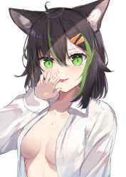 Rule 34 | 1girl, ahoge, animal ears, black hair, blouse, breasts, breasts apart, cat ears, claw pose, collarbone, dress shirt, green eyes, green hair, hair between eyes, hair ornament, hairclip, highres, long hair, long sleeves, looking at viewer, medium breasts, multicolored hair, naked shirt, no bra, open clothes, open shirt, original, shirt, shuuzo3, simple background, slit pupils, small breasts, solo, streaked hair, tongue, tongue out, upper body, white shirt