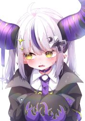 Rule 34 | 1girl, absurdres, ahoge, black jacket, choker, collared shirt, crescent, crescent hair ornament, cross hair ornament, demon horns, ear piercing, fang, flame print, grey hair, hair ornament, highres, hololive, horns, jacket, la+ darknesss, la+ darknesss (casual), looking at viewer, multicolored hair, necktie, official alternate costume, open mouth, piercing, pointy ears, purple choker, purple hair, purple necktie, shino nome, shirt, short hair, skin fang, streaked hair, upper body, virtual youtuber, white shirt, yellow eyes