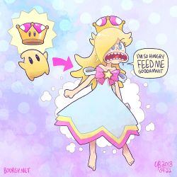 Rule 34 | 1girl, :o, bare shoulders, barefoot, blonde hair, blue dress, blue eyes, clenched hand, crown, dated, dress, earrings, english text, full body, jewelry, looking at viewer, luma (mario), mario (series), mike kachow, new super mario bros. u deluxe, nintendo, simple background, speech bubble, star (symbol), super crown, super mario galaxy, teeth, tongue, watermark, web address