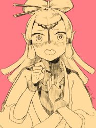 Rule 34 | 1girl, blush, dated, facial mark, fingerless gloves, forehead mark, gloves, hair ornament, hair rings, hair stick, hair tubes, koide yoshito, long hair, monochrome, nintendo, paya (zelda), pink background, pointy ears, solo, the legend of zelda, the legend of zelda: breath of the wild, wavy mouth, wide-eyed