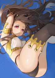 Rule 34 | 1girl, black hair, black panties, black thighhighs, blue background, closed mouth, earrings, eyelashes, fate/grand order, fate (series), floating, ishtar (fate), jewelry, koyo akio, long hair, looking at viewer, panties, red eyes, signature, single thighhigh, smile, solo, thighhighs, underwear