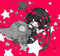 Rule 34 | 1girl, artist request, asymmetrical wings, bad id, bad pixiv id, black bow, black bowtie, black dress, black hair, black thighhighs, black wings, bow, bowtie, buttons, center frills, dress, frills, houjuu nue, limited palette, pointy ears, red background, red eyes, short dress, short hair, short sleeves, simple background, solo, star (symbol), thighhighs, tomoe (symbol), touhou, ufo, wings