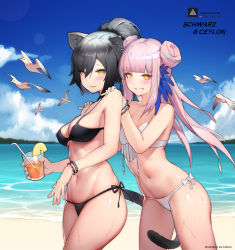Rule 34 | 2girls, absurdres, animal ear fluff, animal ears, arknights, beach, bendy straw, bikini, black bikini, blue feathers, blue sky, blunt bangs, blurry, blurry background, blush, bracelet, breasts, brown eyes, cat ears, cat girl, cat tail, ceylon (arknights), character name, cleavage, cloud, commentary request, copyright name, cup, day, depth of field, double bun, drink, drinking glass, drinking straw, ear piercing, feather hair, feathers, food, fruit, grin, hair between eyes, hair bun, hands on another&#039;s shoulders, high ponytail, highres, holding, holding cup, horizon, jewelry, kuhnowushi, lemon, lemon slice, long hair, medium breasts, multiple girls, navel, ocean, outdoors, parted lips, piercing, pink hair, ponytail, revision, schwarz (arknights), side-tie bikini bottom, sky, smile, swimsuit, tail, v-shaped eyebrows, very long hair, water, wet, white bikini, yellow eyes