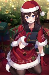Rule 34 | 1girl, :d, absurdres, bauble, belt, belt buckle, black pantyhose, blue eyes, blush, bobblehat, boots, bow, box, brown hair, buckle, capelet, christmas, christmas ornaments, christmas tree, dress, earrings, fur-trimmed boots, fur-trimmed capelet, fur-trimmed dress, fur-trimmed gloves, fur-trimmed headwear, fur trim, gift, gift box, gloves, green bow, hair ornament, hat, highres, holding, holding gift, holly hair ornament, indoors, jewelry, knee boots, kneeling, kurousagi yuu, long hair, looking at viewer, mole, mole under eye, open mouth, original, pantyhose, pom pom (clothes), red capelet, red dress, red footwear, red gloves, red hat, santa boots, santa costume, santa dress, santa gloves, santa hat, smile, solo, star (symbol), star earrings