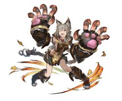 Rule 34 | 10s, 1girl, animal ears, breasts, claw (weapon), claws, erune, fangs, full body, gloves, granblue fantasy, grey hair, hair between eyes, leaf, looking at viewer, minaba hideo, official art, one eye closed, open mouth, red eyes, sen (granblue fantasy), skirt, smile, solo, transparent background, weapon