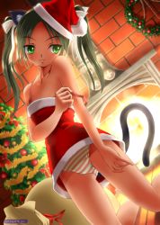 Rule 34 | 1girl, animal ears, bag, black hair, blush, cat ears, cat tail, christmas, christmas tree, dr rex, fireplace, francesca lucchini, green eyes, hair ribbon, hat, kneeling, no pants, panties, pink panties, ribbon, santa costume, santa hat, smile, solo, strap slip, strike witches, striped clothes, striped panties, tail, twintails, underwear, world witches series