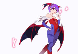 Rule 34 | 1girl, animal print, bare shoulders, bat print, breasts, bridal gauntlets, clenched hand, clothing cutout, commentary request, cowboy shot, demon girl, demon wings, head wings, heart, highleg, highleg leotard, kaidou zx, leotard, lilith aensland, looking at viewer, multiple wings, pantyhose, print pantyhose, purple bridal gauntlets, purple hair, purple pantyhose, red eyes, red leotard, simple background, small breasts, solo, stomach cutout, vampire (game), waving, white background, wings