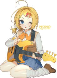 Rule 34 | 1girl, ;p, ahoge, bass guitar, blonde hair, blue eyes, bow, bowtie, brown footwear, character name, collared shirt, commentary, hair ornament, hand up, highres, holding, holding instrument, instrument, kagamine rin, loafers, looking at viewer, loose socks, mono (mono zzz), one eye closed, pleated skirt, pom pom (clothes), shirt, shoes, short hair, simple background, sitting, skirt, socks, solo, sweater, tongue, tongue out, v, vocaloid, wariza, white background