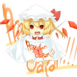 Rule 34 | &gt;:), 1girl, 2011 sendai earthquake and tsunami, :d, bad id, bad pixiv id, blonde hair, chibi, eiri (eirri), english text, fang, female focus, flandre scarlet, hat, open mouth, red eyes, short hair, side ponytail, smile, solo, embodiment of scarlet devil, touhou, v-shaped eyebrows, wings