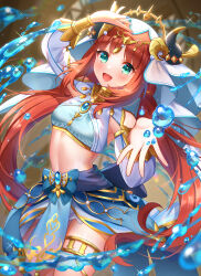 Rule 34 | 1girl, absurdres, arm up, bloomers, blue gemstone, blue nails, blue skirt, blush, bracer, breasts, brooch, circlet, commentary request, crop top, detached sleeves, fake horns, gem, genshin impact, gold trim, green eyes, hand up, harem outfit, highres, horns, jewelry, long hair, long sleeves, looking at viewer, low twintails, neck ring, nilou (genshin impact), open mouth, parted bangs, red hair, sidelocks, skirt, small breasts, smile, solo, stomach, thighlet, twintails, umishima rinta, underwear, veil, water, white bloomers, white veil