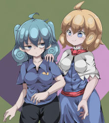 Rule 34 | 2girls, ahoge, alice margatroid, bags under eyes, best buy, black pants, blonde hair, blue dress, blue eyes, blue hair, blue shirt, breasts, capelet, closed mouth, collared shirt, commentary request, cookie (touhou), cowboy shot, dress, hair between eyes, hand on another&#039;s shoulder, kawashiro nitori, kofji (cookie), looking at another, looking to the side, medium breasts, medium hair, multiple girls, pants, red neckwear, red sash, sash, shirt, short hair, smile, touhou, two side up, wadachi (nicoseiga25631355), web (cookie), white capelet