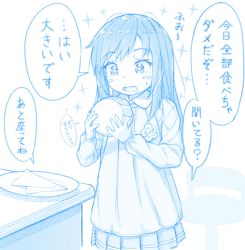 Rule 34 | 1girl, asashio (kancolle), blue theme, blush stickers, bread, drooling, food, gotou hisashi, holding, holding food, kantai collection, kindergarten uniform, long hair, long sleeves, maritozzo, open mouth, pleated skirt, skirt, solo, sparkle, speech bubble, star (symbol), star in eye, sweets, symbol in eye, translation request