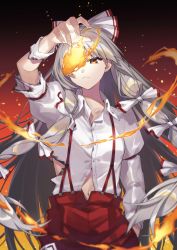 Rule 34 | 1girl, :&lt;, arm strap, arm up, black background, bow, burnt clothes, closed mouth, collarbone, collared shirt, commentary, commission, cowboy shot, fire, fujiwara no mokou, gradient background, grey hair, hair bow, hand in pocket, highres, juliet sleeves, kan&#039;yu (citron 82), long hair, long sleeves, navel, pants, partially unbuttoned, puffy sleeves, red background, red pants, shirt, skeb commission, solo, suspenders, torn clothes, torn sleeve, touhou, very long hair, white bow, white shirt, wing collar, yellow eyes