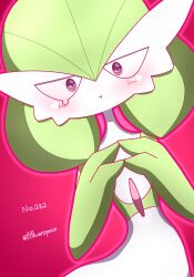 Rule 34 | 1girl, :t, artist name, blush, bob cut, closed mouth, colored skin, creatures (company), dutch angle, female focus, flat chest, game freak, gardevoir, gen 3 pokemon, green hair, green skin, hair between eyes, hands up, heart, highres, looking at viewer, multicolored skin, nintendo, outline, own hands together, pink outline, pokedex number, pokemon, pokemon (creature), pout, purple eyes, red background, short hair, signature, simple background, solo, straight-on, tears, twitter username, two-tone skin, white skin, yuri (fl0werspace)