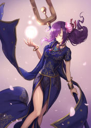 Rule 34 | 1girl, absurdres, bangle, bare legs, blue dress, bracelet, breasts, closed eyes, closed mouth, commentary request, dress, earrings, fate/grand order, fate (series), feet out of frame, flower, glowing, gradient background, hair flower, hair ornament, hair ribbon, hand up, highres, holding, jewelry, long hair, matou sakura, medium breasts, neckerchief, parvati (fate), pelvic curtain, petals, pink background, pink flower, pink ribbon, purple hair, ribbon, short sleeves, smile, solo, yasu (segawahiroyasu)