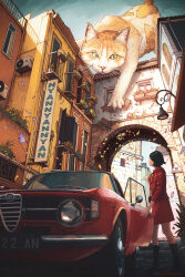 Rule 34 | 1girl, absurdres, air conditioner, alfa romeo, animal, animal focus, arch, black footwear, black hair, boots, brick floor, cat, cat day, english text, falling petals, green eyes, headlight, highres, hiromumaru, jacket, knee boots, looking at animal, on roof, original, oversized animal, petals, plant, potted plant, red jacket, red skirt, short hair, sign, skirt, solo, warning sign