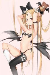 Rule 34 | 1girl, abigail williams (fate), absurdly long hair, alternate costume, armband, asymmetrical legwear, backless outfit, black bra, black panties, black ribbon, black thighhighs, blonde hair, blush, bra, closed mouth, commentary, fate/grand order, fate (series), hair bun, hair ribbon, hands in hair, highleg, highleg panties, highres, keyhole, long hair, looking at viewer, navel, panties, pink background, red eyes, revealing clothes, ribbon, silver (chenwen), simple background, single hair bun, solo, stomach, stuffed animal, stuffed toy, symbol-only commentary, teddy bear, thighhighs, underwear, uneven legwear, very long hair, white ribbon, white thighhighs