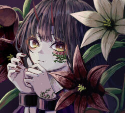 Rule 34 | 1girl, closed mouth, cuffs, facial tattoo, flower, flower tattoo, gradient eyes, hand tattoo, handcuffs, hands up, hidariri, highres, horns, lily (flower), long hair, looking at viewer, multicolored eyes, nail polish, original, portrait, purple hair, red eyes, red flower, red nails, solo, straight hair, tattoo, white flower, yellow eyes