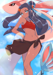 Rule 34 | 1girl, absurdres, alternate costume, aqua eyes, bare arms, bare legs, bare shoulders, black hair, blue hair, blush, breasts, brown eyes, closed mouth, commentary request, creatures (company), dark-skinned female, dark skin, day, earrings, feet out of frame, game freak, gen 3 pokemon, glint, hair bun, hand on own hip, highres, hoop earrings, jewelry, lens flare, long hair, looking at viewer, milotic, multicolored hair, navel, nessa (pokemon), nintendo, nuneno, outdoors, pokemon, pokemon: twilight wings, pokemon (creature), pokemon swsh, sarong, sidelocks, single hair bun, small breasts, smile, sports bra, standing, stomach, thighs, two-tone hair, very long hair